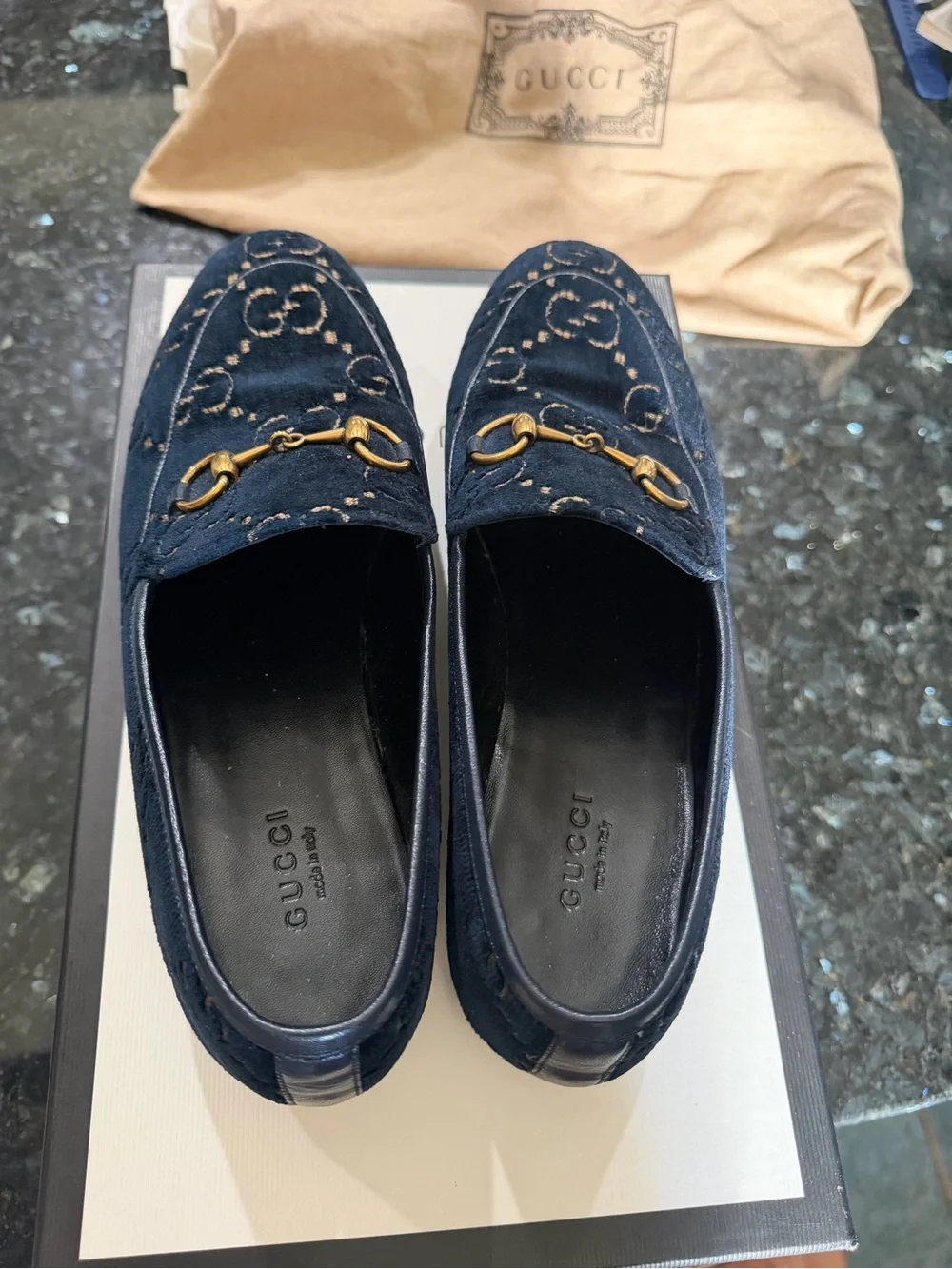 Gucci Women's Jordaan Navy Velvet Horsebit Loafers